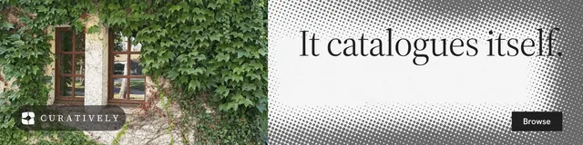 LinkedIn banner for Curatively: "It catalogues itself." Split block style, right layout, light palette in green, grey, white.