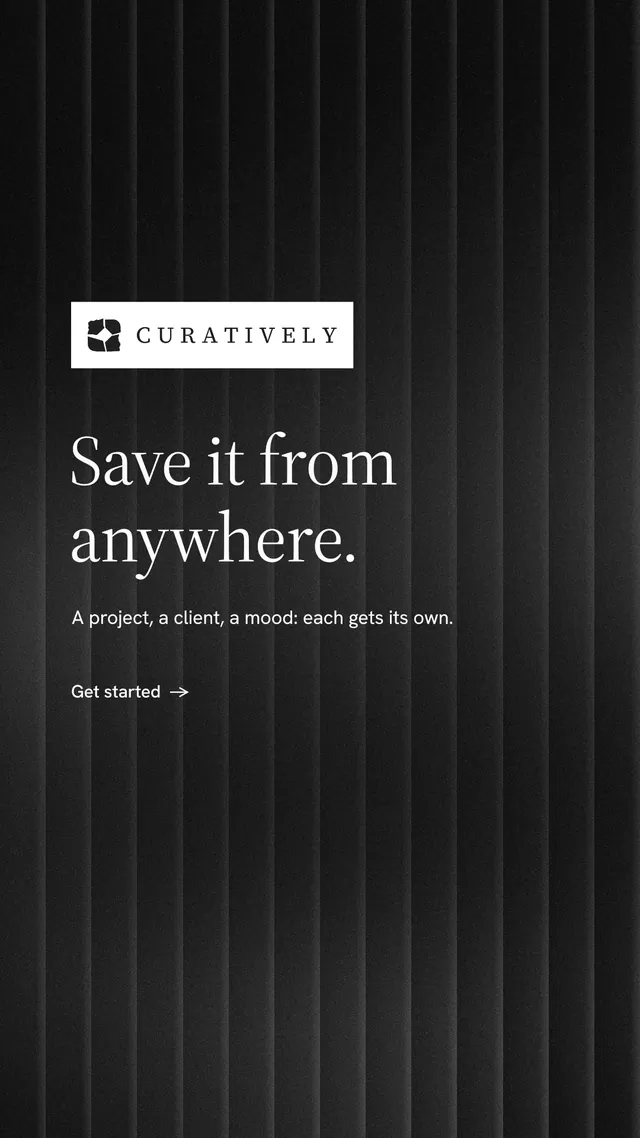 Instagram story for Curatively: "Save it from anywhere." Minimal luxury style, announce layout, dark palette in black, grey.