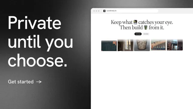 Landscape graphic for Curatively: "Private until you choose." Minimal luxury style, browser layout, light palette in white, black, grey.
