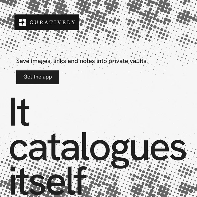 Instagram post for Curatively: "Find it by colour." Retro print style, oversized layout, light palette in white, grey.