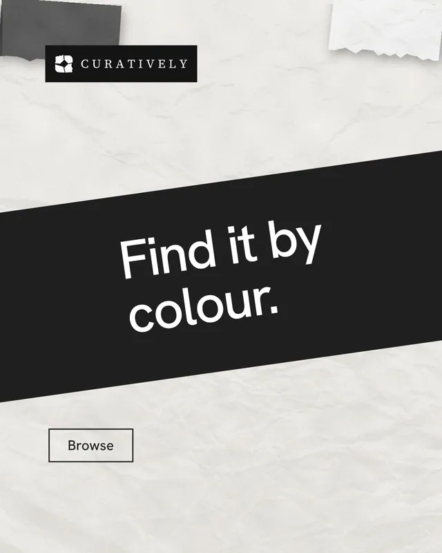 Instagram portrait post for Curatively: "Find it by colour." Editorial style, diagonal layout, light palette in white, black, grey.