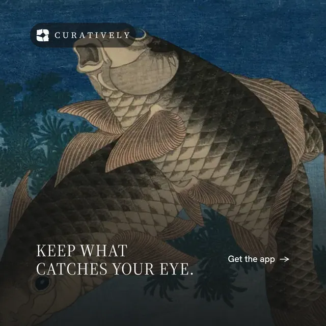 Instagram post for Curatively: "Keep what catches your eye." Minimal luxury style, image led layout, dark palette in black, blue, grey.