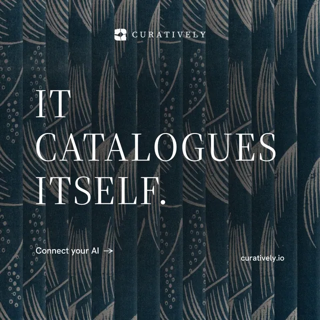 Instagram post for Curatively: "It catalogues itself." Minimal luxury style, poster layout, dark palette in black, grey, blue.