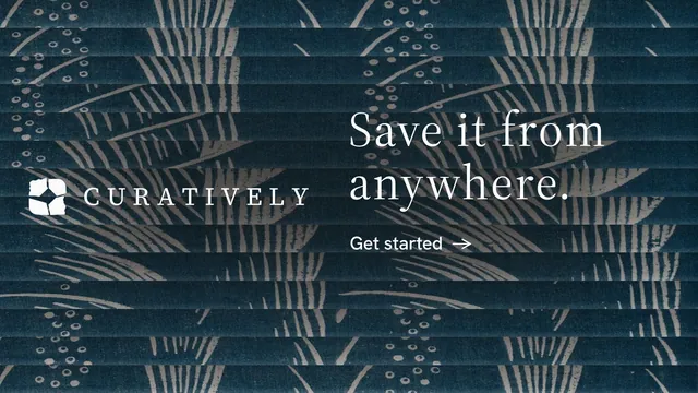 Landscape graphic for Curatively: "Save it from anywhere." Minimal luxury style, logo hero layout, dark palette in blue, grey.