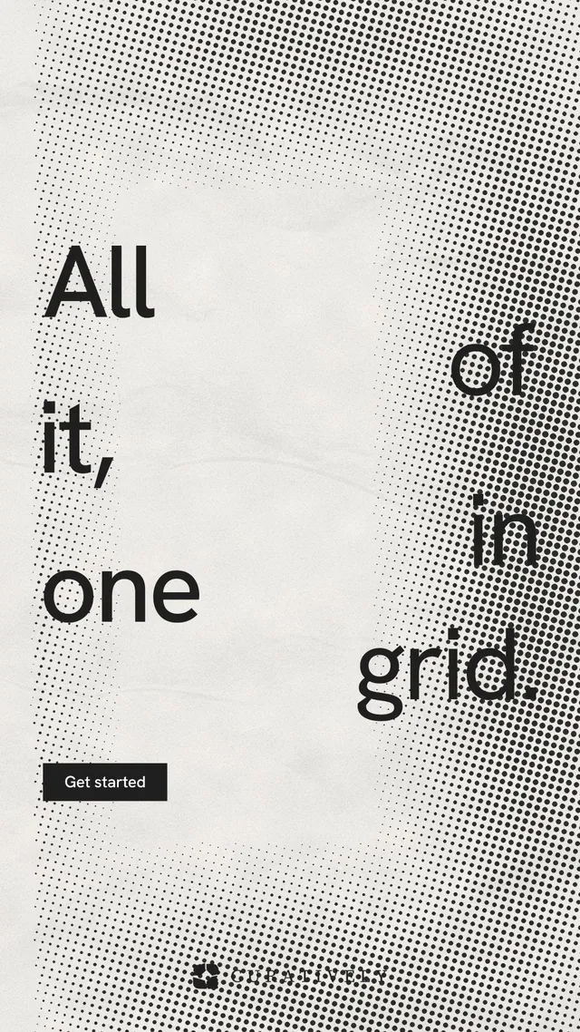 Instagram story for Curatively: "All of it, in one grid." Swiss style, stacked layout, light palette in grey, white.