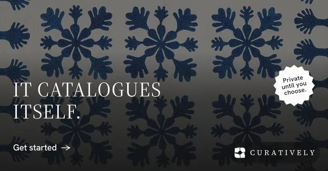 Social ad for Curatively: "It catalogues itself." Minimal luxury style, sticker layout, dark palette in grey, black, blue.