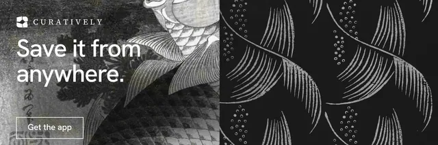 X header for Curatively: "Save it from anywhere." Editorial style, bottom layout, dark palette in grey, black.