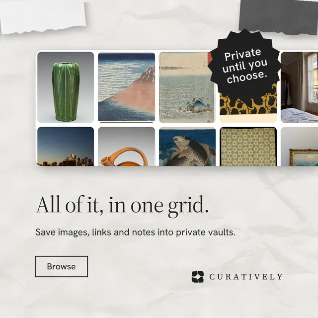 Instagram post for Curatively: "All of it, in one grid." Editorial style, sticker layout, light palette in white, grey.