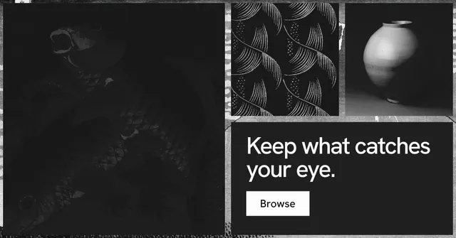 Social ad for Curatively: "Keep what catches your eye." Swiss style, collage layout, dark palette in black, grey.