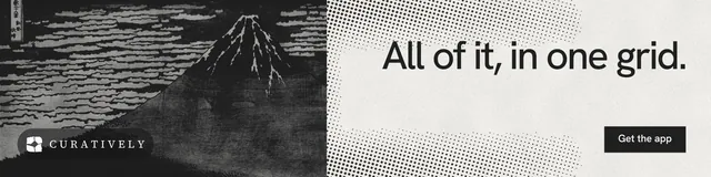LinkedIn banner for Curatively: "All of it, in one grid." Swiss style, right layout, light palette in black, grey, white.