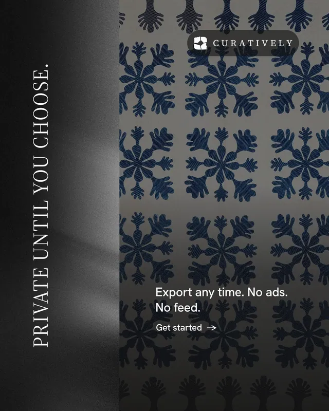 Instagram portrait post for Curatively: "Private until you choose." Minimal luxury style, vertical layout, dark palette in grey, black.