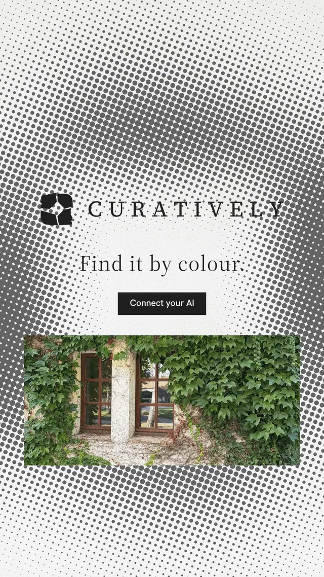 Instagram story for Curatively: "Find it by colour." Split block style, logo hero layout, light palette in grey, white.