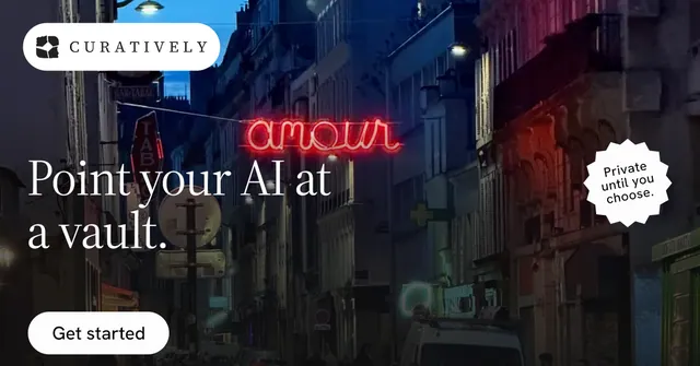 Social ad for Curatively: "Point your AI at a vault." Photo poster style, sticker layout, dark palette in black, red, grey.