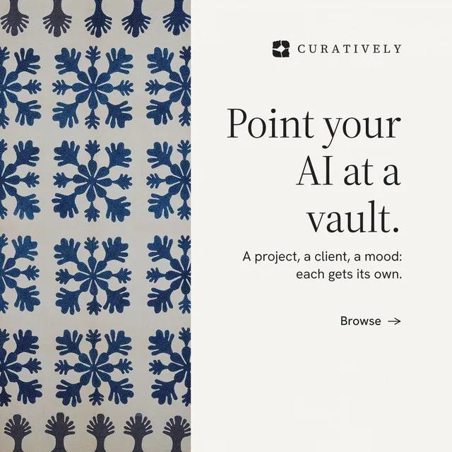 Instagram post for Curatively: "Point your AI at a vault." Minimal luxury style, right layout, light palette in white, grey.
