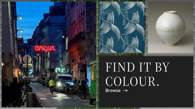 Landscape graphic for Curatively: "Find it by colour." Minimal luxury style, collage layout, dark palette in grey, black.