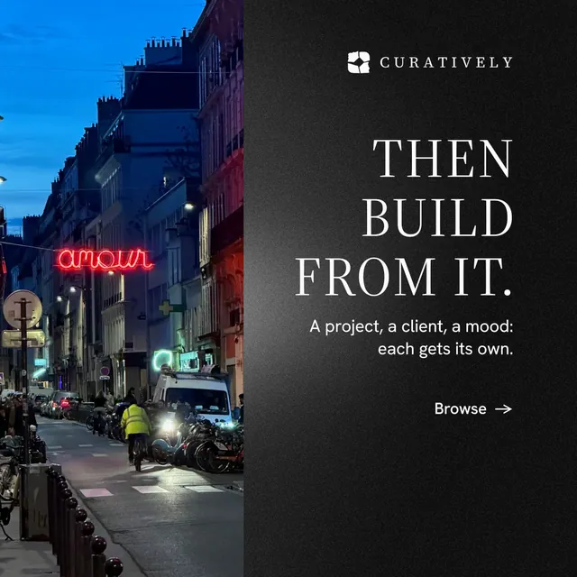 Instagram post for Curatively: "Then build from it." Minimal luxury style, right layout, dark palette in black, blue.