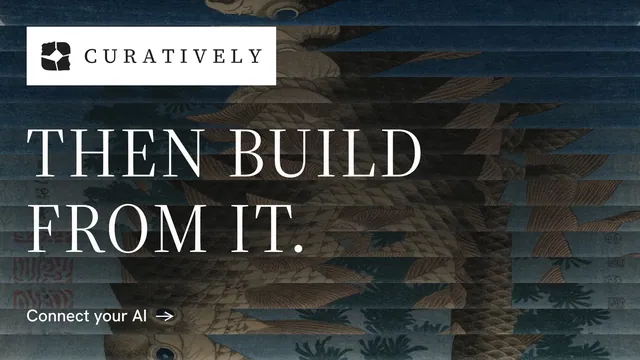 Landscape graphic for Curatively: "Then build from it." Minimal luxury style, announce layout, dark palette in black, grey.