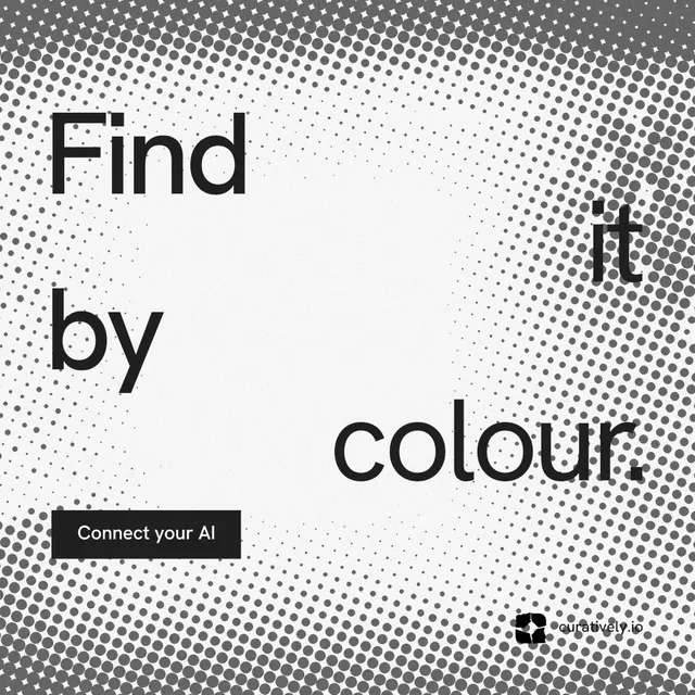 Instagram post for Curatively: "Find it by colour." Swiss style, stacked layout, light palette in grey, white.