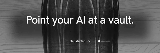 X header for Curatively: "Point your AI at a vault." Minimal luxury style, centred layout, dark palette in black, grey.