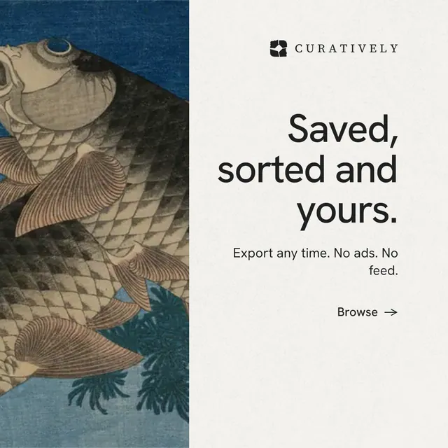 Instagram post for Curatively: "Saved, sorted and yours." Minimal luxury style, right layout, light palette in white, grey.
