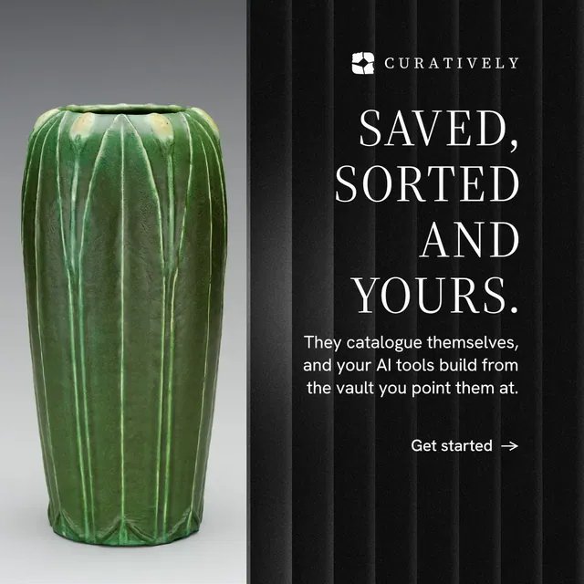 Instagram post for Curatively: "Saved, sorted and yours." Minimal luxury style, right layout, dark palette in grey, black.