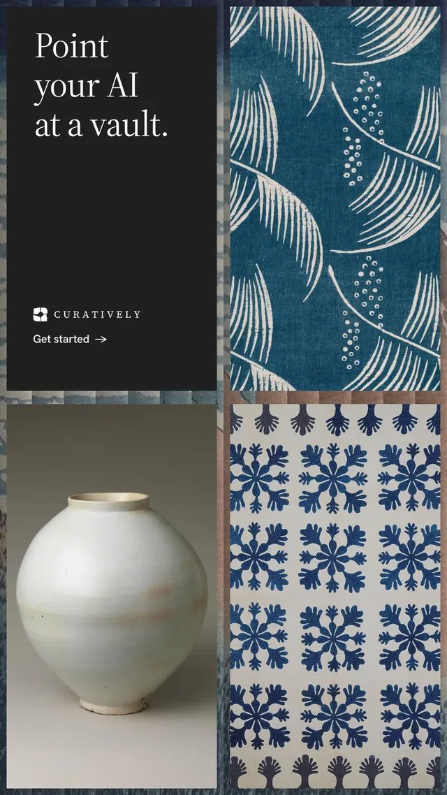 Instagram story for Curatively: "Point your AI at a vault." Minimal luxury style, collage layout, dark palette in blue, grey, black.