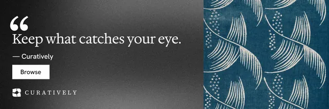 X header for Curatively: "Keep a vault for each thing you make." Swiss style, quote layout, dark palette in blue, black, grey.