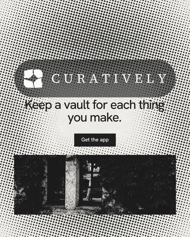 Instagram portrait post for Curatively: "Keep a vault for each thing you make." Swiss style, logo hero layout, light palette in grey, black, white.