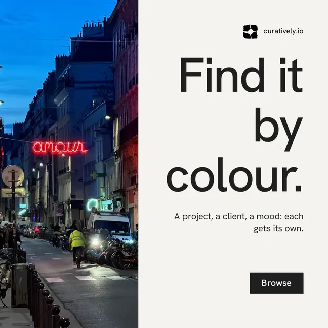 Instagram post for Curatively: "Find it by colour." Swiss style, right layout, light palette in white, blue.