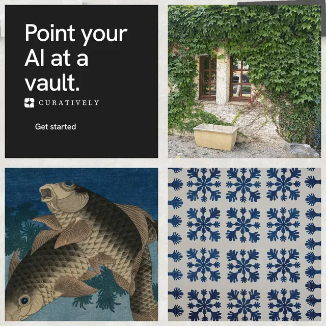 Instagram post for Curatively: "Point your AI at a vault." Swiss style, collage layout, dark palette in grey, black, white.