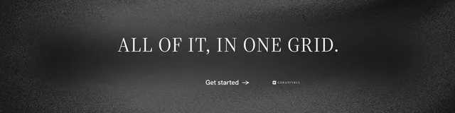 LinkedIn banner for Curatively: "All of it, in one grid." Minimal luxury style, centred layout, dark palette in grey, black.