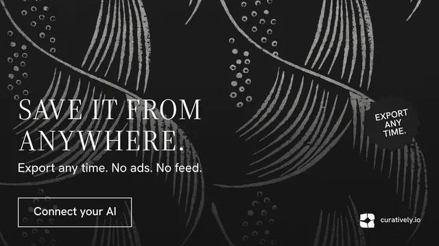 Landscape graphic for Curatively: "Save it from anywhere." Editorial style, sticker layout, dark palette in black, grey.