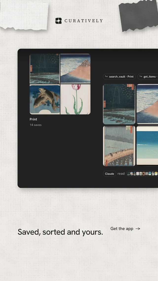Instagram story for Curatively: "Saved, sorted and yours." Editorial style, image led layout, light palette in white, black, grey.