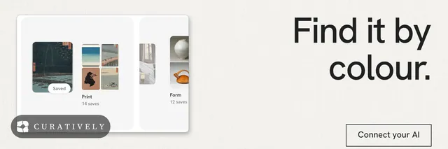 X header for Curatively: "Find it by colour." Editorial style, right layout, light palette in white, grey.