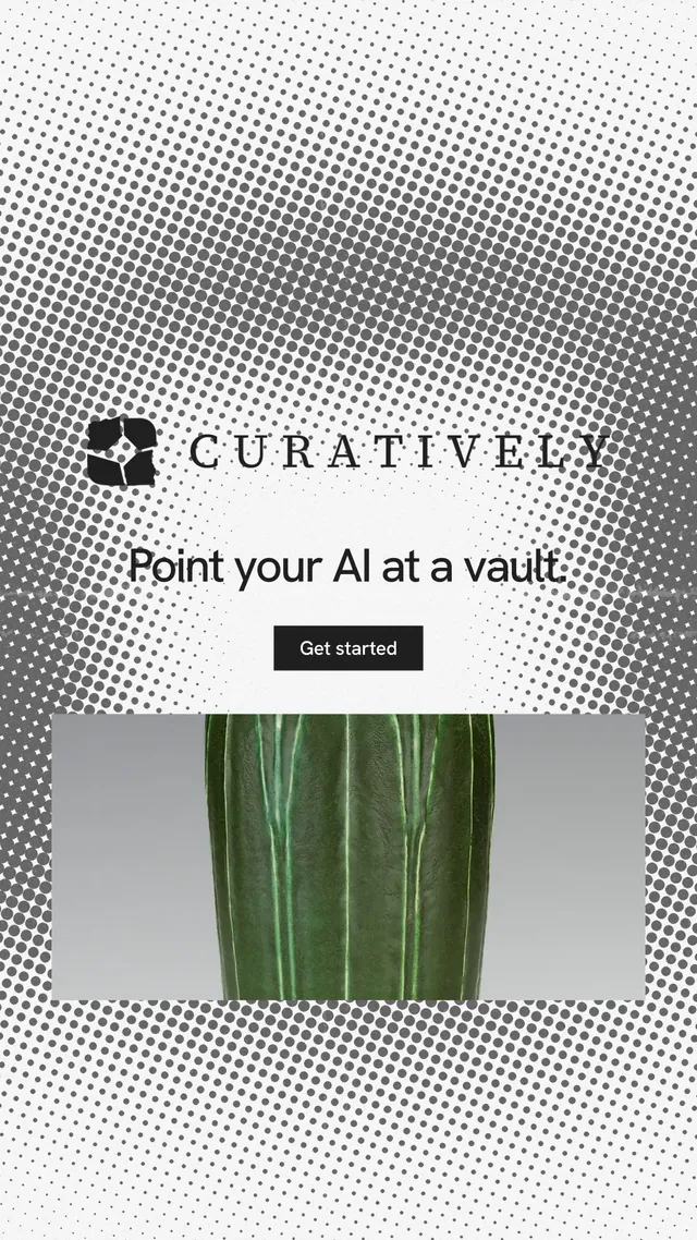 Instagram story for Curatively: "Point your AI at a vault." Swiss style, logo hero layout, light palette in grey, white.