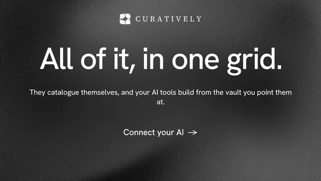 Landscape graphic for Curatively: "All of it, in one grid." Minimal luxury style, centred layout, dark palette in black, grey.