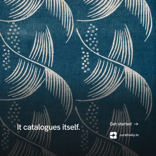Instagram post for Curatively: "It catalogues itself." Minimal luxury style, image led layout, dark palette in blue, grey.
