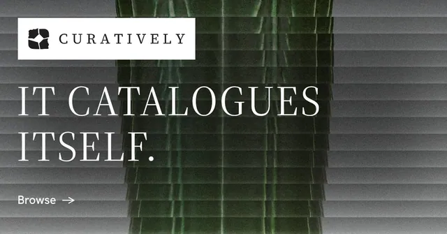 Social ad for Curatively: "It catalogues itself." Minimal luxury style, announce layout, dark palette in black, grey.