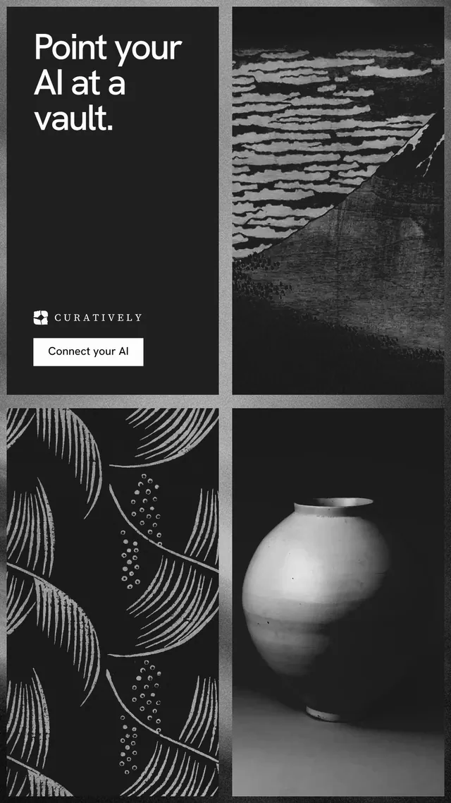 Instagram story for Curatively: "Point your AI at a vault." Swiss style, collage layout, dark palette in black, grey.