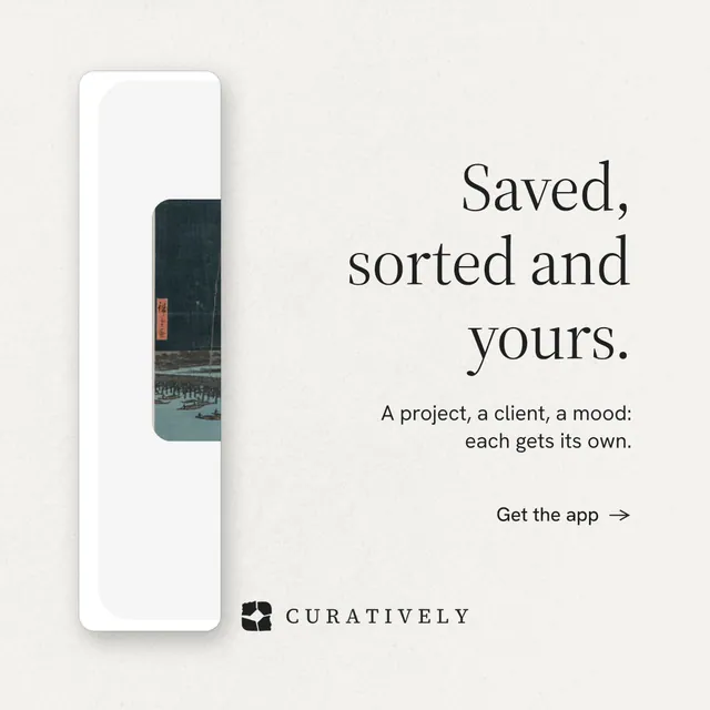 Instagram post for Curatively: "Saved, sorted and yours." Minimal luxury style, right layout, light palette in white, grey.