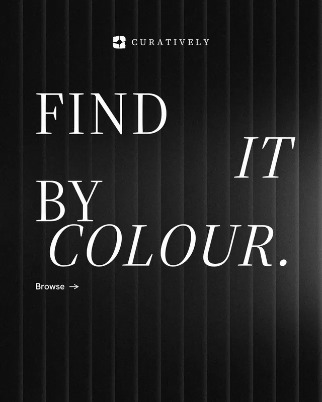 Instagram portrait post for Curatively: "Find it by colour." Minimal luxury style, stacked layout, dark palette in black, grey.