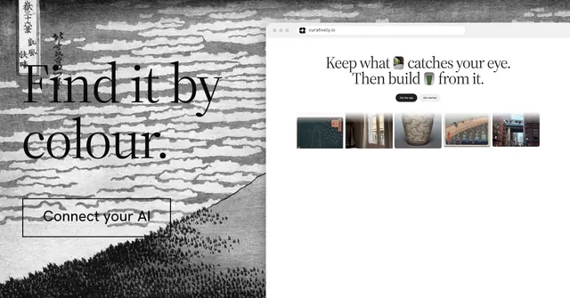 Social ad for Curatively: "Find it by colour." Editorial style, browser layout, light palette in white, grey.