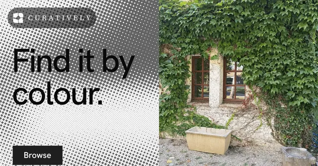 Social ad for Curatively: "Find it by colour." Swiss style, bottom layout, light palette in grey, black, white.