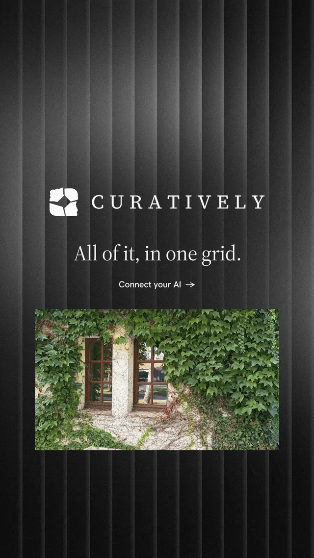 Instagram story for Curatively: "All of it, in one grid." Minimal luxury style, logo hero layout, dark palette in black, grey.