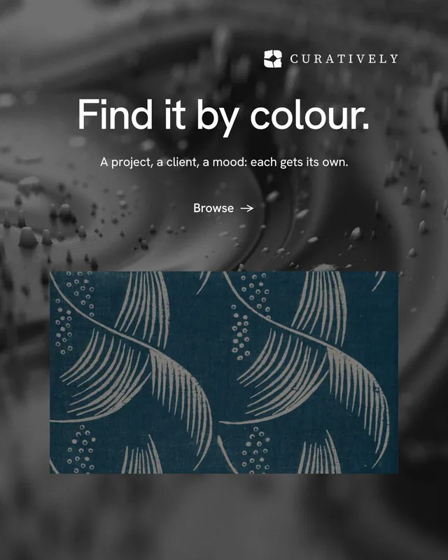 Instagram portrait post for Curatively: "Find it by colour." Minimal luxury style, centred layout, dark palette in grey, black, blue.