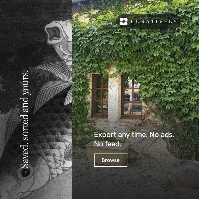 Instagram post for Curatively: "Saved, sorted and yours." Editorial style, vertical layout, dark palette in grey, black.