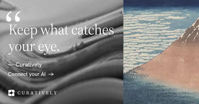 Social ad for Curatively: "Keep what catches your eye." Minimal luxury style, quote layout, light palette in grey.