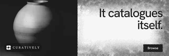 X header for Curatively: "It catalogues itself." Swiss style, right layout, light palette in black, white, grey.