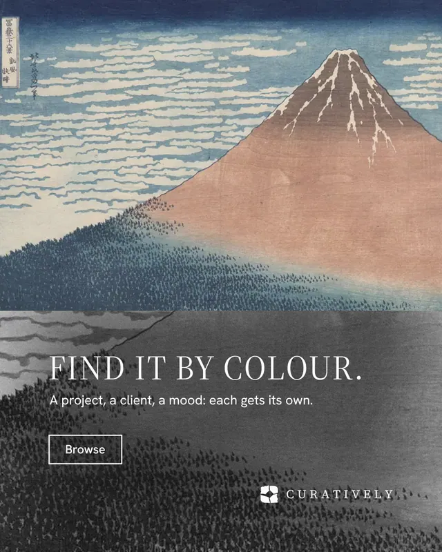 Instagram portrait post for Curatively: "Find it by colour." Editorial style, bottom layout, light palette in grey, black.