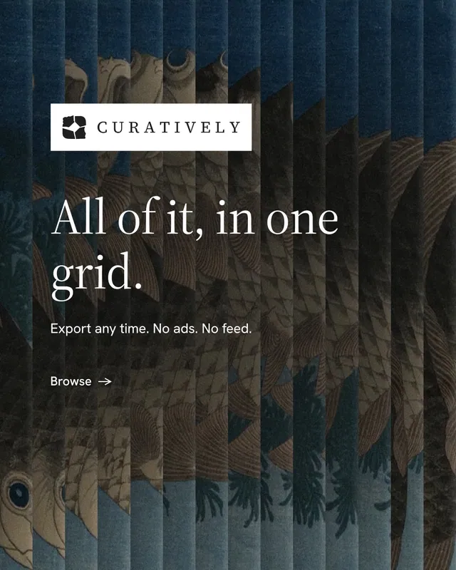 Instagram portrait post for Curatively: "All of it, in one grid." Minimal luxury style, announce layout, dark palette in black, grey.